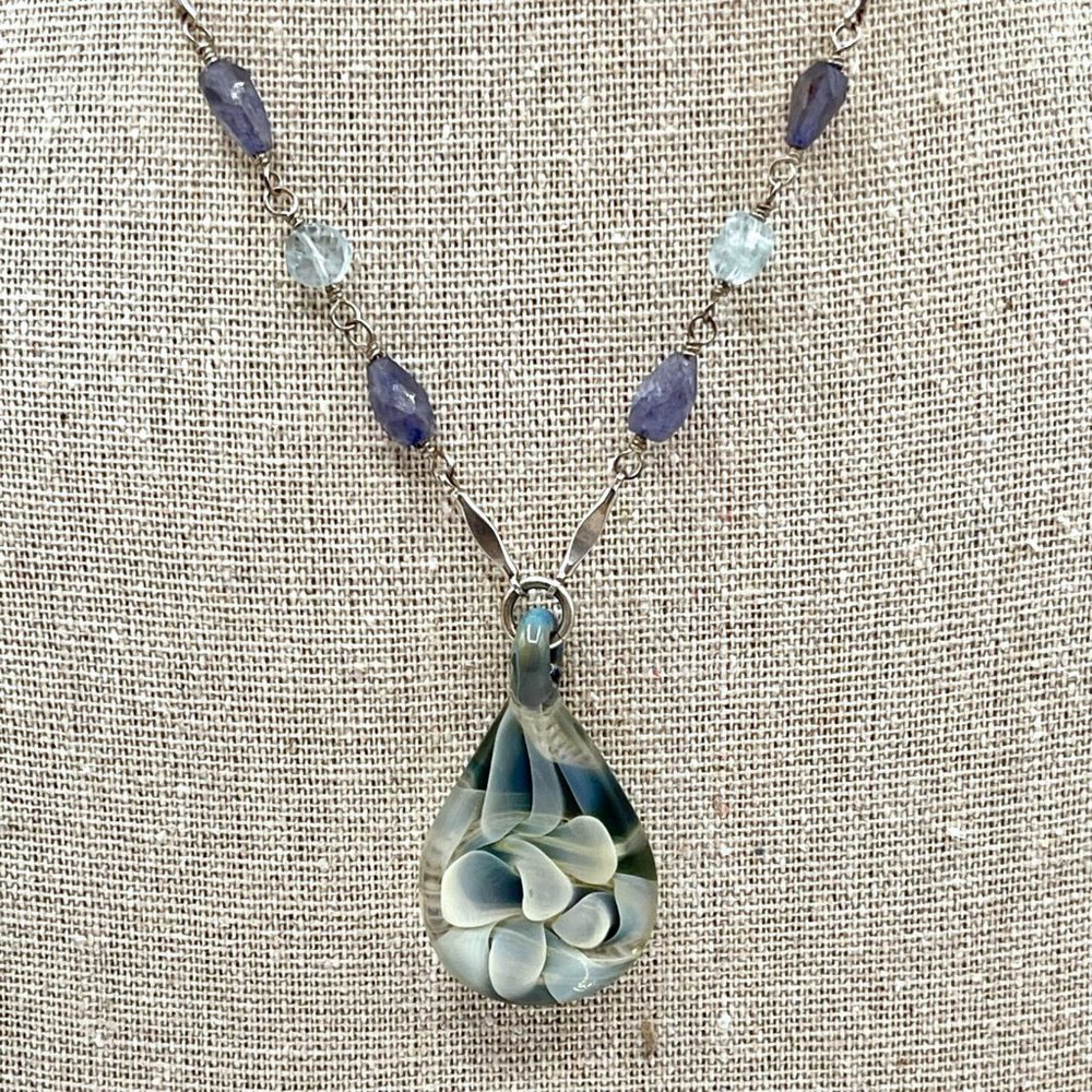 16" HANDBLOWN GLASS PENDANT IN STERLING SILVER WITH LAVENDER AND PALE BLUE GEMS